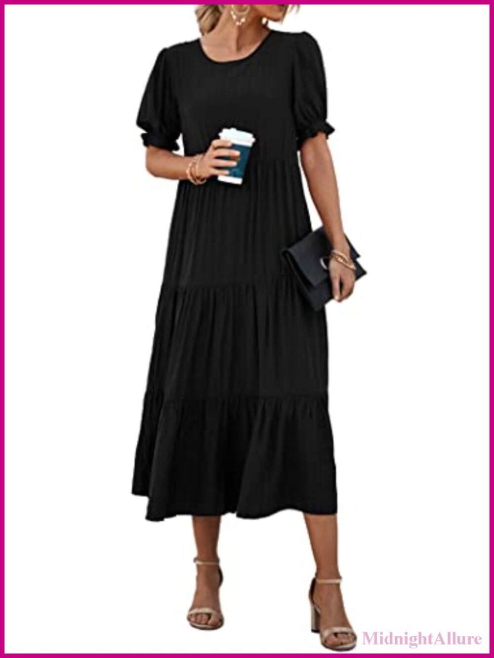 Women's Floral Print Midi Dress Puff Short Sleeve A-Line Casual Summer